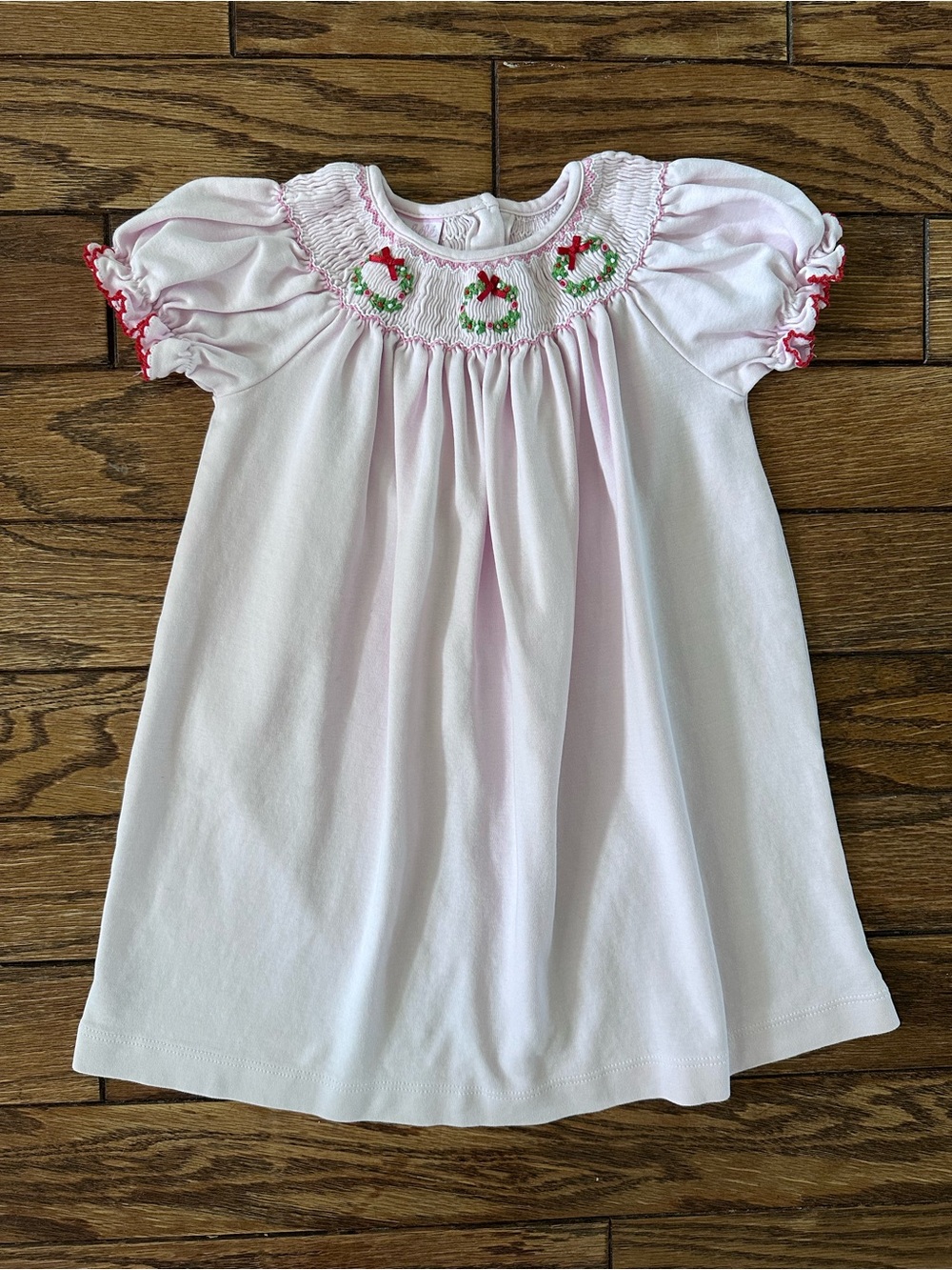 Petit Bebe Christmas Wreaths Smocked Pink Knit Bishop Dress 24m